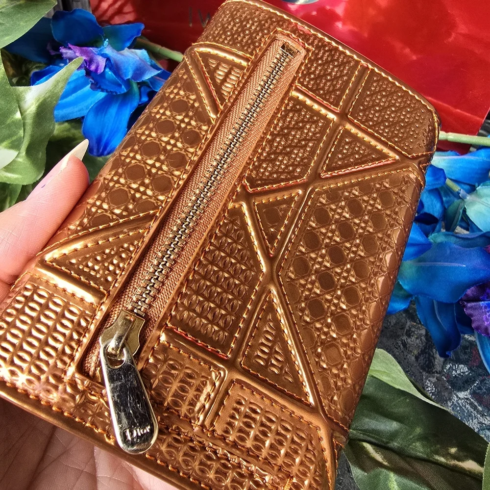 Authentic Christian Dior Diorama Metallic Copper Or Orange Trifold Short Wallet